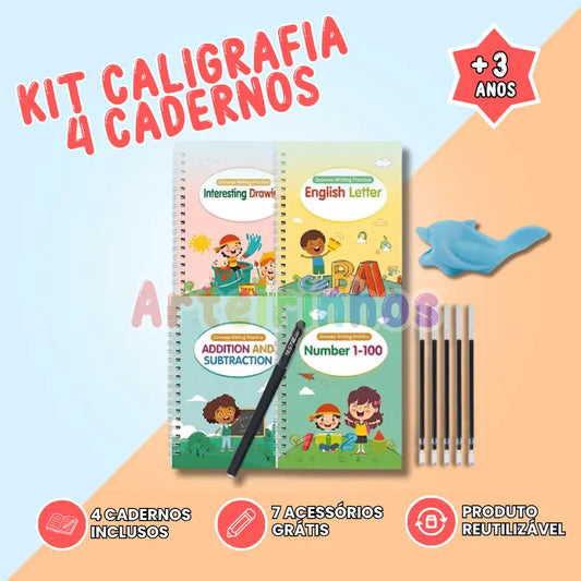 Kit Caligrafia 4 Cadernos + 7 Acessórios